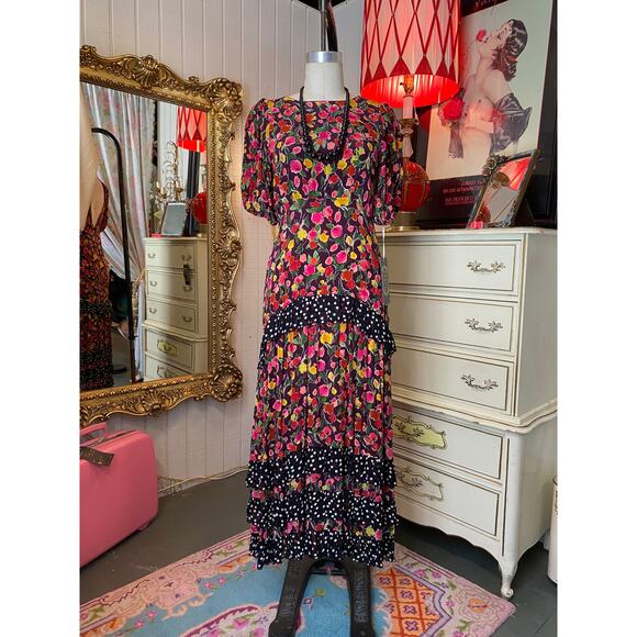 vintage style silk floral maxi dress backless puff sleeves med polka dot trim - Picture 1 of 11